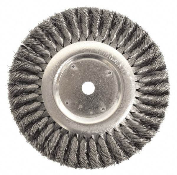 Weiler - 10" OD, 3/4" Arbor Hole, Knotted Steel Wheel Brush - 3/4" Face Width, 1-3/4" Trim Length, 0.014" Filament Diam, 4,500 RPM - Benchmark Tooling