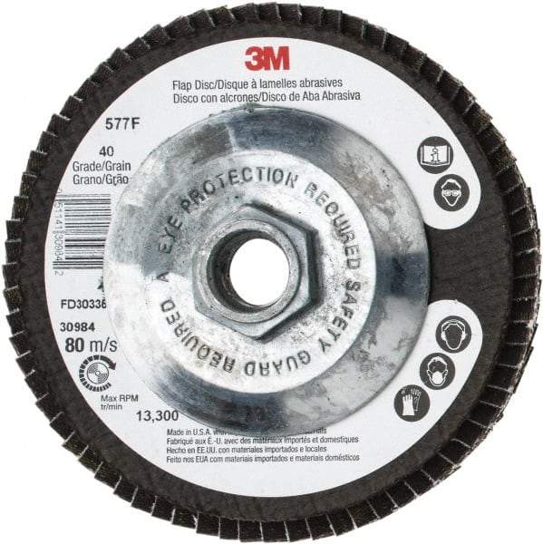 3M - 40 Grit, 4-1/2" Disc Diam, 5/8-11 Center Hole, Type 29 Zirconia Alumina Flap Disc - 13,300 Max RPM, Cloth Backing, Arbor Attaching System, Coated - Benchmark Tooling