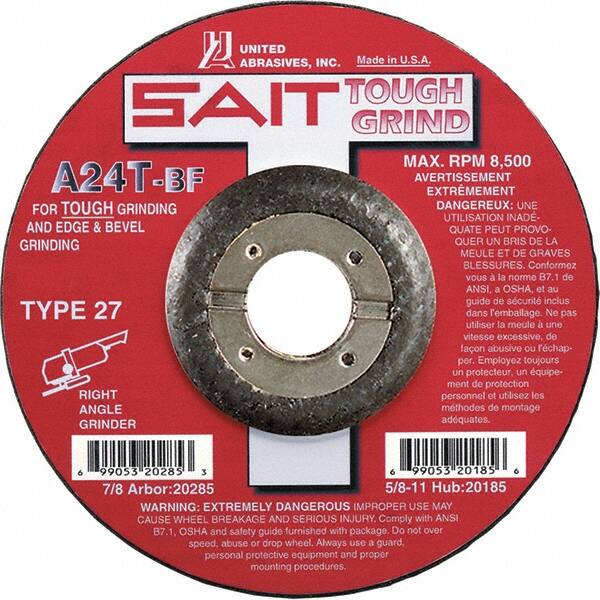 Sait - 24 Grit, 5" Wheel Diam, 1/4" Wheel Thickness, 7/8" Arbor Hole, Type 27 Depressed Center Wheel - Aluminum Oxide, Resinoid Bond, T Hardness, 12,200 Max RPM, Compatible with Angle Grinder - Benchmark Tooling