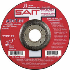 Sait - 24 Grit, 5" Wheel Diam, 1/4" Wheel Thickness, 7/8" Arbor Hole, Type 27 Depressed Center Wheel - Aluminum Oxide, Resinoid Bond, T Hardness, 12,200 Max RPM, Compatible with Angle Grinder - Benchmark Tooling
