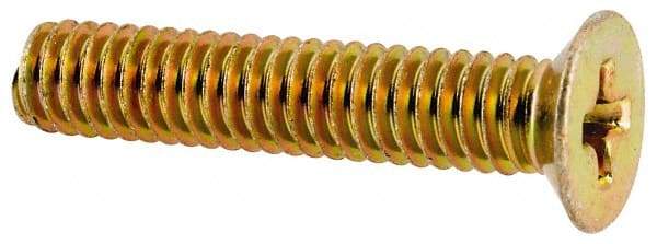 Made in USA - #8-32 UNC, 7/8" OAL Phillips Drive Machine Screw - Flat Head, Grade 3 Steel, Yellow Cadmium-Plated Finish, Without Washer - Benchmark Tooling