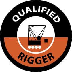 NMC - Qualified Rigger, Hard Hat Label - Black & Orange on White, 2" Thick, For Accident Prevention - Benchmark Tooling