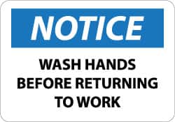 NMC - Restroom, Janitorial & Housekeeping Label, Header: NOTICE - Legend: Notice - Wash Hands Before Returning to Work, English, Black, Blue & White, 5" Long x 3" High, Sign Muscle Finish - Benchmark Tooling
