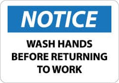 NMC - Restroom, Janitorial & Housekeeping Label, Header: NOTICE - Legend: Notice - Wash Hands Before Returning to Work, English, Black, Blue & White, 5" Long x 3" High, Sign Muscle Finish - Benchmark Tooling