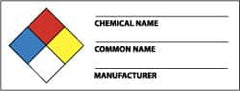 NMC - Hazardous Materials Label - Legend: Chemical Name ___ - Common Name ___ - Manufacturer ___, English, Black, Blue, Red, Yellow & White, 4" Long x 1-1/2" High, Sign Muscle Finish - Benchmark Tooling