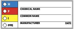NMC - Hazardous Materials Label - Legend: H - F - I - PPE - Chemical Name ___ Common Name ___ Manufacturer ___ Date ___, English, Black, Blue, Red, Yellow & White, 4" Long x 1-1/2" High, Sign Muscle Finish - Benchmark Tooling