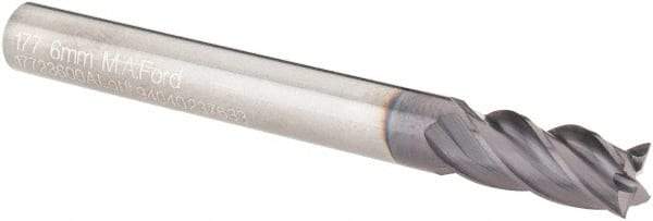 M.A. Ford - 6mm, 13mm LOC, 6mm Shank Diam, 57mm OAL, 4 Flute, Solid Carbide Square End Mill - Single End, TiAlN Finish, Spiral Flute, Variable° Helix, Centercutting, Right Hand Cut, Right Hand Flute, Series 177 - Benchmark Tooling