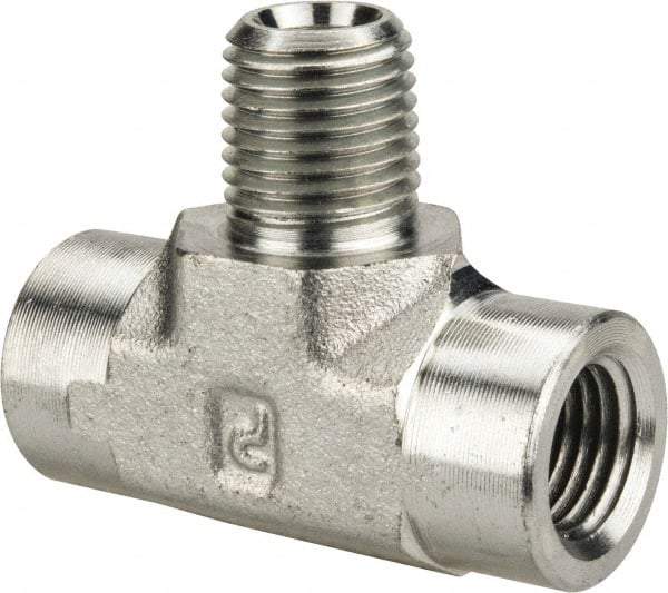 Parker - 1/4 Male Thread x 1/4 Female Thread, Zinc Plated Steel Industrial Pipe Male Branch Tee - MNPTF x FNPTF, 5,000 psi - Benchmark Tooling