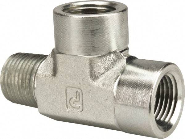 Parker - 1/2 Male Thread x 1/2 Female Thread, Zinc Plated Steel Industrial Pipe Street Tee - MNPTF x FNPTF, 3,000 psi - Benchmark Tooling