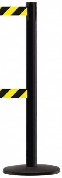Tensator - 38-1/4" High, 2-1/2" Pole Diam, Tensabarrier Post - 13-1/2" Base Diam, Round ABS Plastic Base, Black 7-1/2" Tape, Dual Line Tape - Benchmark Tooling