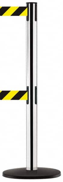 Tensator - 38-1/4" High, 2-1/2" Pole Diam, Tensabarrier Post - 13-1/2" Base Diam, Round ABS Plastic Base, Polished Chrome (Color) 7-1/2" Tape, Dual Line Tape - Benchmark Tooling