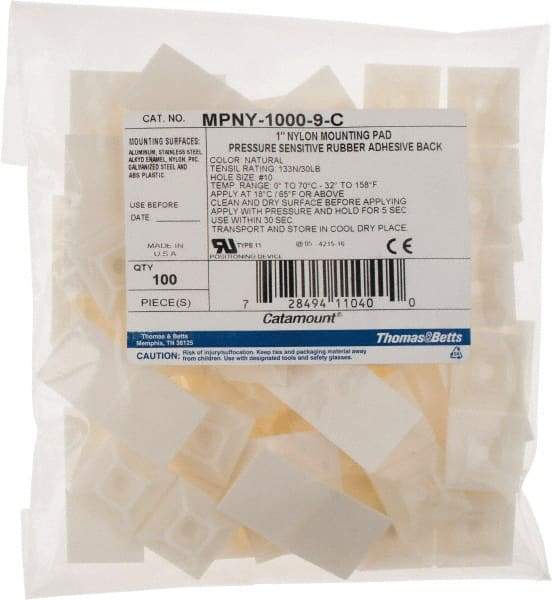 Thomas & Betts - Natural (Color), Nylon, Four Way Cable Tie Mounting Base - 28.58mm Long x 0.215" High x 28.58mm Wide Adhesive Back - Benchmark Tooling
