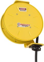 Conductix - 14 AWG, 30' Cable Length, Cord & Cable Reel with Bare End - 3 Outlets, NEMA 5-15R, 15 Amps, SEOW-A Cable, Yellow Reel, Spring Driven Reel - Benchmark Tooling