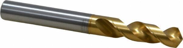 OSG - 9.75106mm 120° Spiral Flute Vanadium High Speed Steel Screw Machine Drill Bit - TiN Finish, Right Hand Cut, 43mm Flute Length, 93mm OAL, Faceted Point, Straight Shank - Benchmark Tooling
