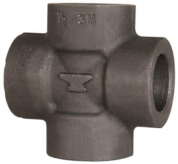 Made in USA - Size 1-1/2", Class 3,000, Forged Carbon Steel Black Pipe Cross - 3,000 psi, Socket Weld End Connection - Benchmark Tooling