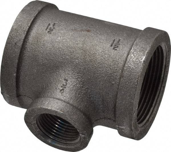 Made in USA - Size 1-1/2 x 1-1/2 x 3/4", Class 150, Malleable Iron Black Pipe Reducing Tee - 300 psi, Threaded End Connection - Benchmark Tooling