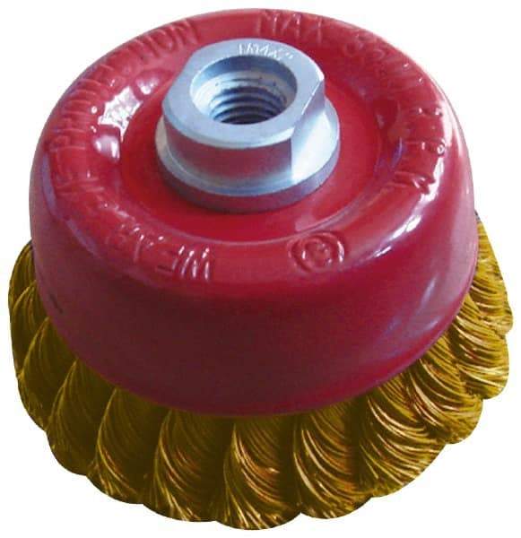 Value Collection - 2-3/4" Diam, M14x.20 Threaded Arbor, Brass Fill Cup Brush - 0.02 Wire Diam, 3/4" Trim Length, 12,500 Max RPM - Benchmark Tooling