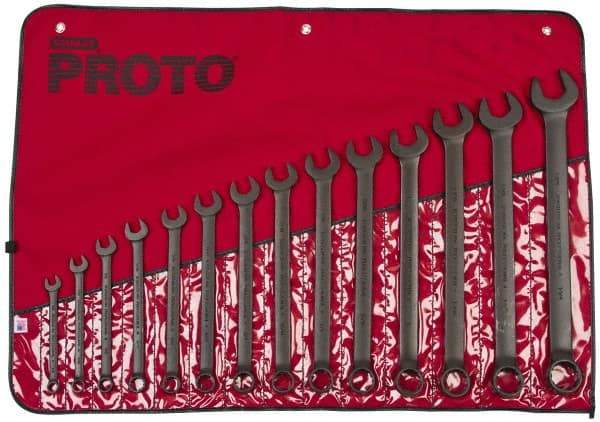 Proto - 14 Piece, 3/8" to 1-1/4", 12 Point Combination Wrench Set - Inch Measurement Standard, Black Oxide Finish, Comes in Nylon Roll - Benchmark Tooling