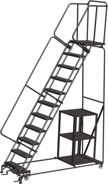 Ballymore - 143" 11 Step Ladder - Safety Stock Picking Ladder, 450 Lb Capacity, 110" Platform Height, 32" Base Width x 87" Depth, Perforated Tread - Benchmark Tooling