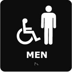 NMC - Men, 8" Wide x 8" High, Plastic Sign - English, Braille, White on Black, Wall Mount - Benchmark Tooling