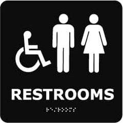 NMC - Restrooms, 8" Wide x 8" High, Plastic Sign - English, Braille, White on Black, Wall Mount - Benchmark Tooling
