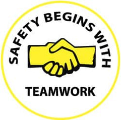 NMC - Safety Begins with Teamwork, Hard Hat Label - Yellow & Black on White, 2" Thick, For Accident Prevention - Benchmark Tooling