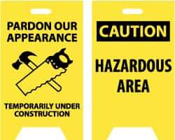 NMC - Pardon Our Appearance - Temporarily Under Construction, 12" Wide x 19" High, Plastic Floor Sign - A-Frame, Black on Yellow, For Accident Prevention - Benchmark Tooling