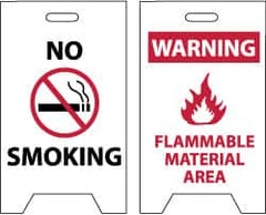 NMC - No Smoking, Warning - Flammable Material Area, 12" Wide x 20" High, Plastic Floor Sign - A-Frame, Red & Black on White, For Hazardous Materials - Benchmark Tooling