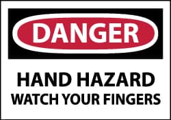 NMC - Hazardous Materials Label, Header: DANGER - Legend: Danger - Hand Hazard - Watch Your Fingers, English, Red, Black & White, 5" Long x 3" High, Sign Muscle Finish - Benchmark Tooling