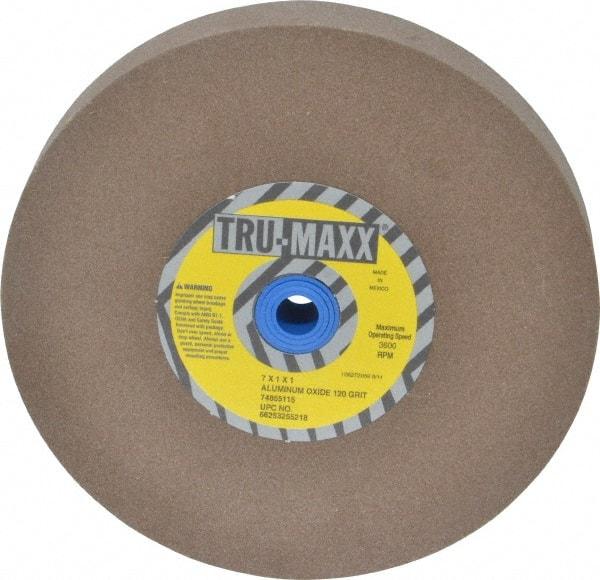 Tru-Maxx - 120 Grit Aluminum Oxide Bench & Pedestal Grinding Wheel - 7" Diam x 1" Hole x 1" Thick, 3600 Max RPM, O Hardness, Fine Grade , Vitrified Bond - Benchmark Tooling