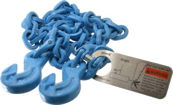 Pewag - 5' Long, 5,200 Lb Basket Capacity, 5,200 Lb Vertical Capacity, 1 Ply, Alloy Steel Web Sling - 4,500 Lb Choker Capacity, SGG Chain Sling, 9/32" Diam Chain, Blue, with 1 Grab Hook on Each End - Benchmark Tooling