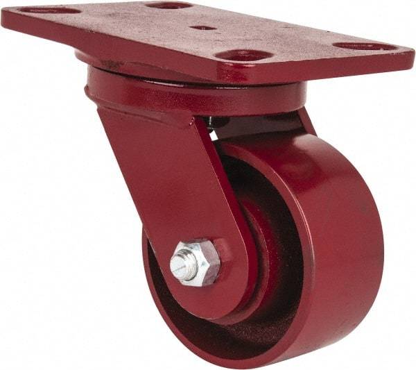 Hamilton - 4" Diam x 2" Wide x 5-5/8" OAH Top Plate Mount Swivel Caster - Cast Iron, 1,000 Lb Capacity, Roller Bearing, 4-1/2 x 6-1/2" Plate - Benchmark Tooling