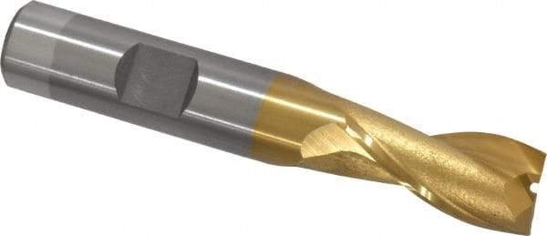 OSG - 1/2", 1" LOC, 1/2" Shank Diam, 3" OAL, 2 Flute, Cobalt Square End Mill - Single End, TiN Finish, Spiral Flute, 30° Helix, Centercutting, Right Hand Cut, Right Hand Flute, Series 520 - Benchmark Tooling