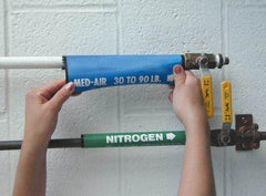 NMC - Pipe Marker with Sprinkler Fire Legend and Arrow Graphic - 3-3/8 to 4-1/2" Pipe Outside Diam, White on Red - Benchmark Tooling