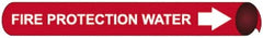 NMC - Pipe Marker with Fire Protection Water Legend and Arrow Graphic - 1-1/8 to 2-3/8" Pipe Outside Diam, White on Red - Benchmark Tooling