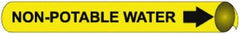 NMC - Pipe Marker with Non-Potable Water Legend and Arrow Graphic - 2-1/2 to 3-1/4" Pipe Outside Diam, Black on Yellow - Benchmark Tooling