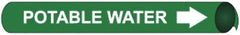NMC - Pipe Marker with Potable Water Legend and Arrow Graphic - 2-1/2 to 3-1/4" Pipe Outside Diam, White on Green - Benchmark Tooling