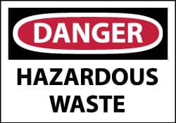 NMC - Hazardous Materials Label, Header: DANGER - Legend: Danger - Hazardous Waste, English, Red, Black & White, 5" Long x 3" High, Sign Muscle Finish - Benchmark Tooling