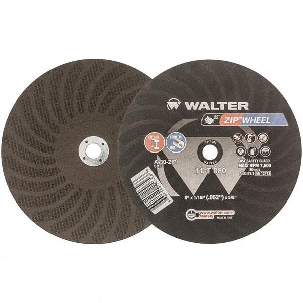 WALTER Surface Technologies - 8" 30 Grit Aluminum Oxide Cutoff Wheel - 1/16" Thick, 5/8" Arbor, 7,600 Max RPM, Use with Circular Saws - Benchmark Tooling
