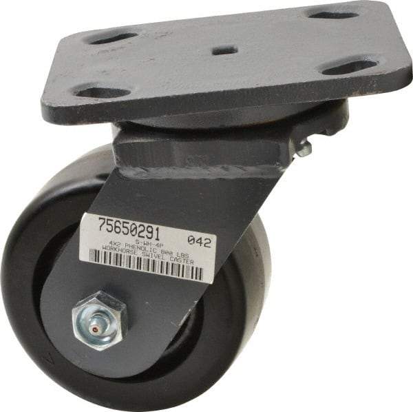 Hamilton - 4" Diam x 2" Wide x 5-5/8" OAH Top Plate Mount Swivel Caster - Phenolic, 800 Lb Capacity, Roller Bearing, 4 x 5" Plate - Benchmark Tooling