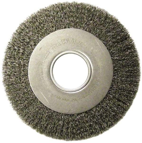 Weiler - 10" OD, 2" Arbor Hole, Crimped Steel Wheel Brush - 1-1/8" Face Width, 2" Trim Length, 0.02" Filament Diam, 3,600 RPM - Benchmark Tooling