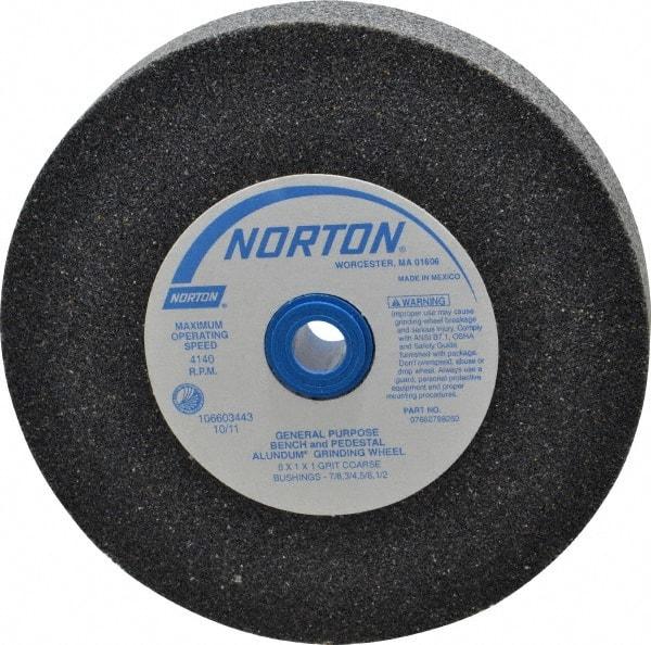 Norton - 36 Grit Aluminum Oxide Bench & Pedestal Grinding Wheel - 6" Diam x 1" Hole x 1" Thick, 4140 Max RPM, Very Coarse/Coarse Grade - Benchmark Tooling