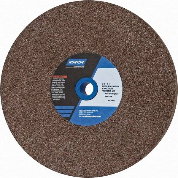 Norton - 60/80 Grit Aluminum Oxide Bench & Pedestal Grinding Wheel - 8" Diam x 1" Hole x 1" Thick, 3600 Max RPM, Medium Grade - Benchmark Tooling