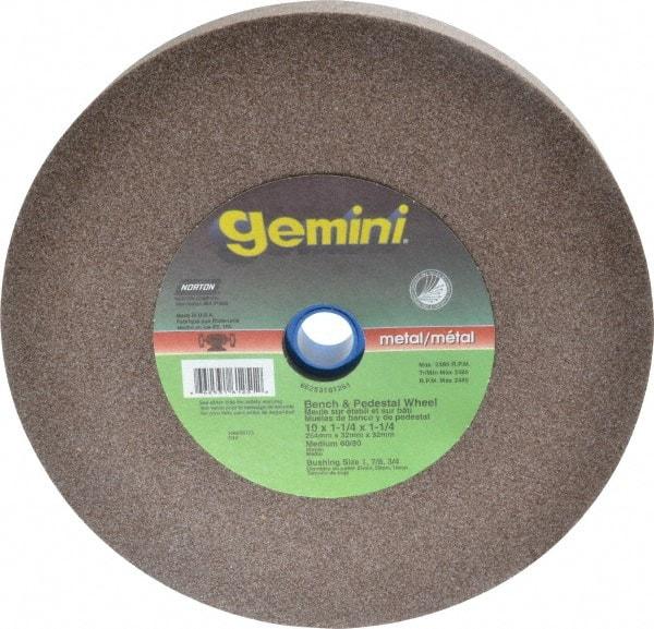 Norton - 60/80 Grit Aluminum Oxide Bench & Pedestal Grinding Wheel - 10" Diam x 1-1/4" Hole x 1-1/4" Thick, 2485 Max RPM, Medium Grade - Benchmark Tooling