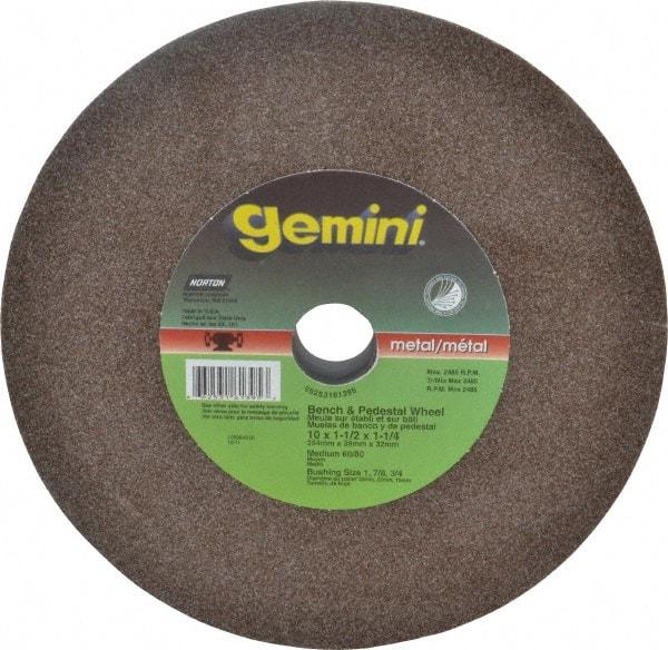 Norton - 60 Grit Aluminum Oxide Bench & Pedestal Grinding Wheel - 10" Diam x 1-1/4" Hole x 1-1/2" Thick, 2485 Max RPM, Medium Grade - Benchmark Tooling