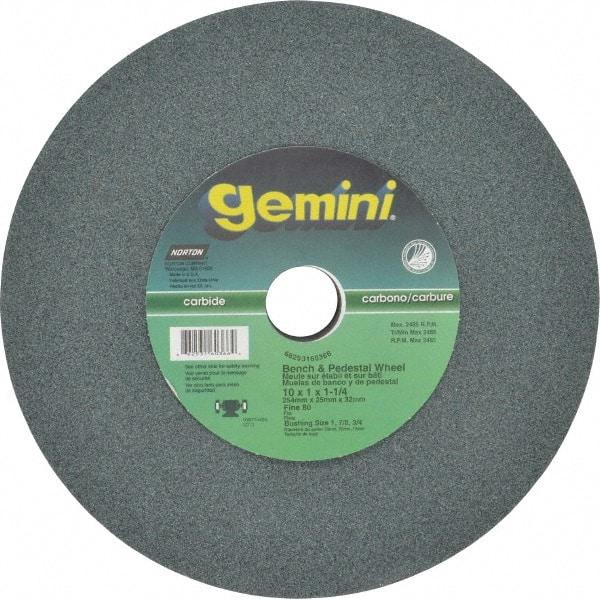 Norton - 80 Grit Silicon Carbide Bench & Pedestal Grinding Wheel - 10" Diam x 1-1/4" Hole x 1" Thick, 2485 Max RPM, Medium Grade - Benchmark Tooling