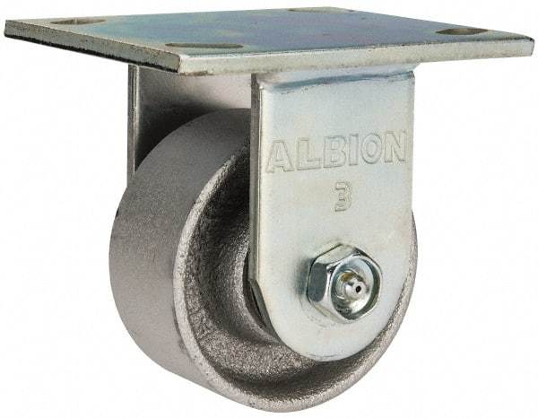 Albion - 3-1/4" Diam x 1-1/2" Wide x 4-1/4" OAH Top Plate Mount Rigid Caster - Cast Iron, 400 Lb Capacity, Roller Bearing, 4 x 4-1/2" Plate - Benchmark Tooling