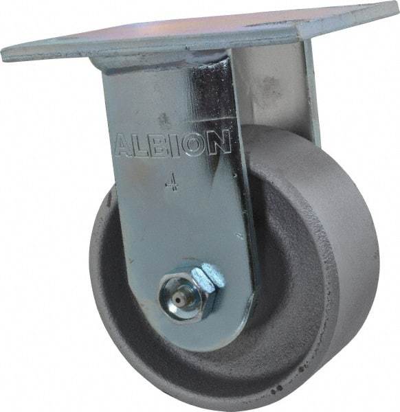 Albion - 4" Diam x 2" Wide x 5-5/8" OAH Top Plate Mount Rigid Caster - Cast Iron, 700 Lb Capacity, Roller Bearing, 4 x 4-1/2" Plate - Benchmark Tooling