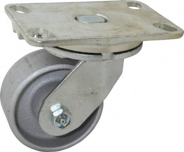 Albion - 4" Diam x 2" Wide x 5-5/8" OAH Top Plate Mount Swivel Caster - Cast Iron, 700 Lb Capacity, Roller Bearing, 4-1/2 x 6-1/4" Plate - Benchmark Tooling