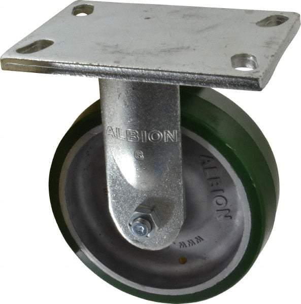 Albion - 6" Diam x 2" Wide x 7-1/2" OAH Top Plate Mount Rigid Caster - Polyurethane, 1,230 Lb Capacity, Roller Bearing, 5 x 6-1/4" Plate - Benchmark Tooling